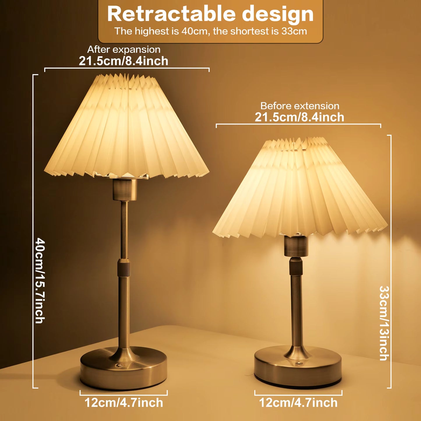 Royelux Rechargeable Cordless LED Table Lamp - Pleated Shade, Dimmable, Portable Design