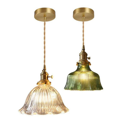 RoyaleGlow Green Ribbed Glass Pendant Light - Vintage Brass Hanging Lamp For Kitchen Island