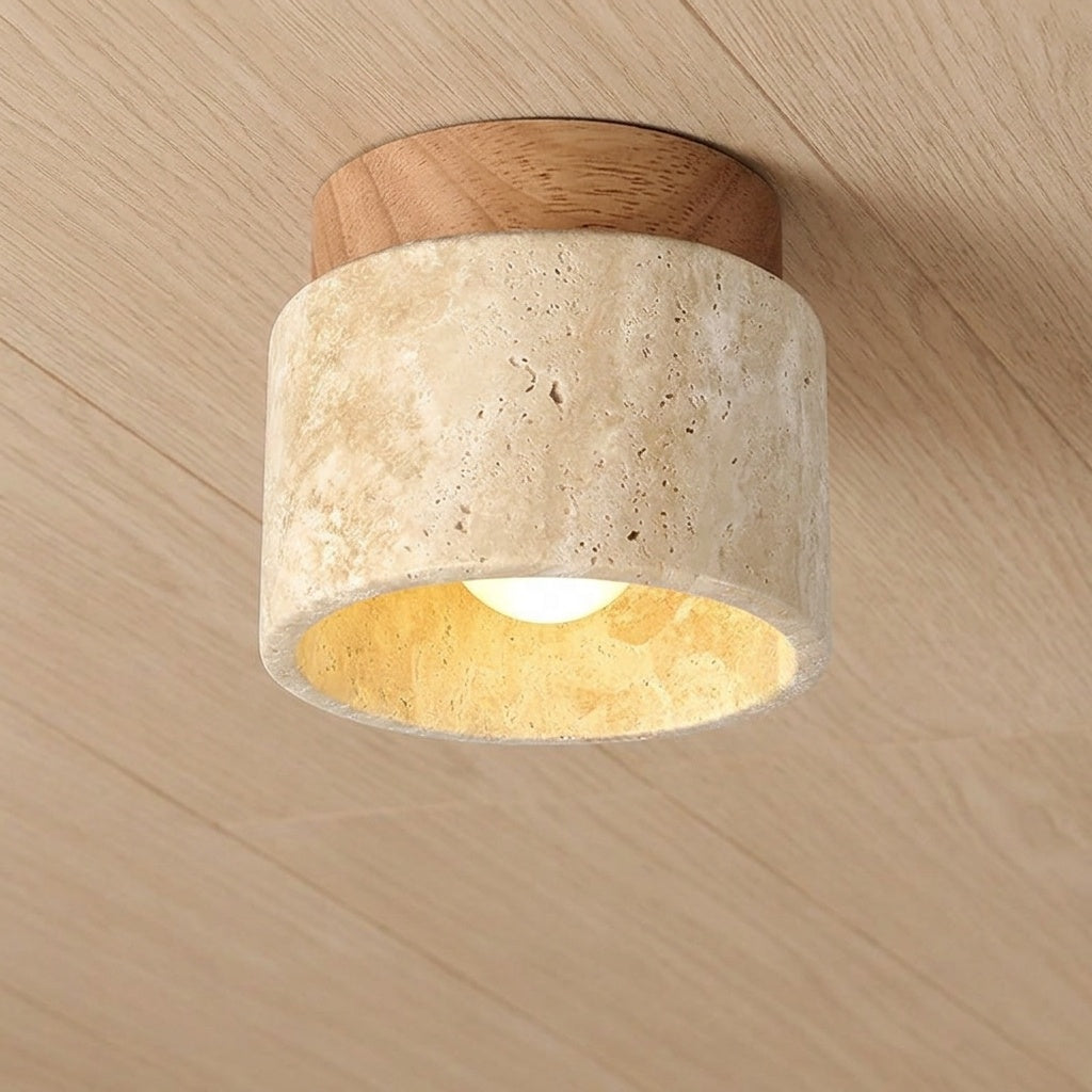 RoyaleGlow Japandi Travertine Wood LED Flush Mount Ceiling Light - Modern Minimalist