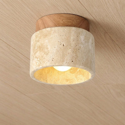 RoyaleGlow Japandi Travertine Wood LED Flush Mount Ceiling Light - Modern Minimalist