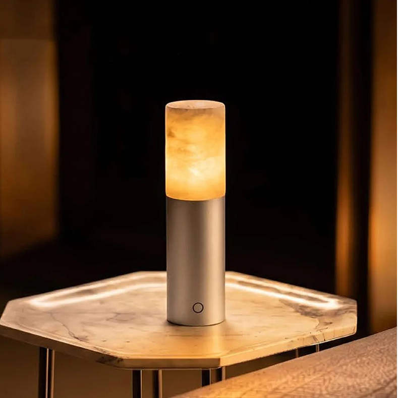 RoyaleGlow Alabaster Cordless Lamp - Modern Aluminum LED USB Rechargeable Table Lamp