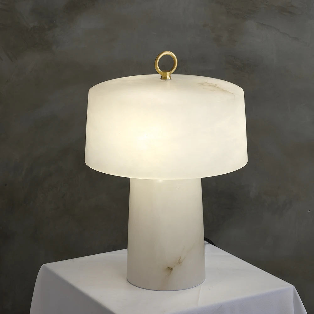 LuxRoyale Alabaster & Brass LED Table Lamp with Drum Shade & Ring Finial