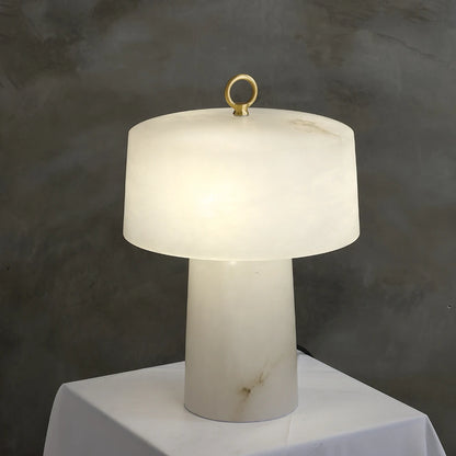 LuxRoyale Alabaster & Brass LED Table Lamp with Drum Shade & Ring Finial