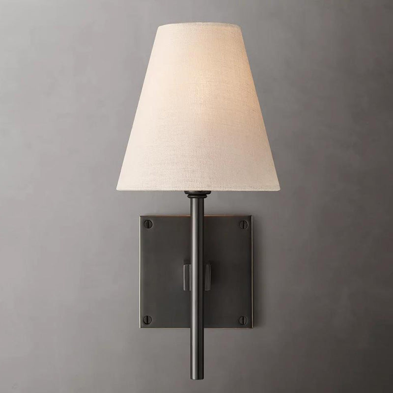 RoyaleGlow Bronze Wall Sconce with White Linen Tapered Shade for Bathroom & Hallway