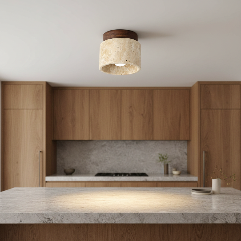 RoyaleGlow Japandi Travertine Wood LED Flush Mount Ceiling Light - Modern Minimalist