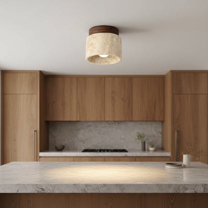 RoyaleGlow Japandi Travertine Wood LED Flush Mount Ceiling Light - Modern Minimalist