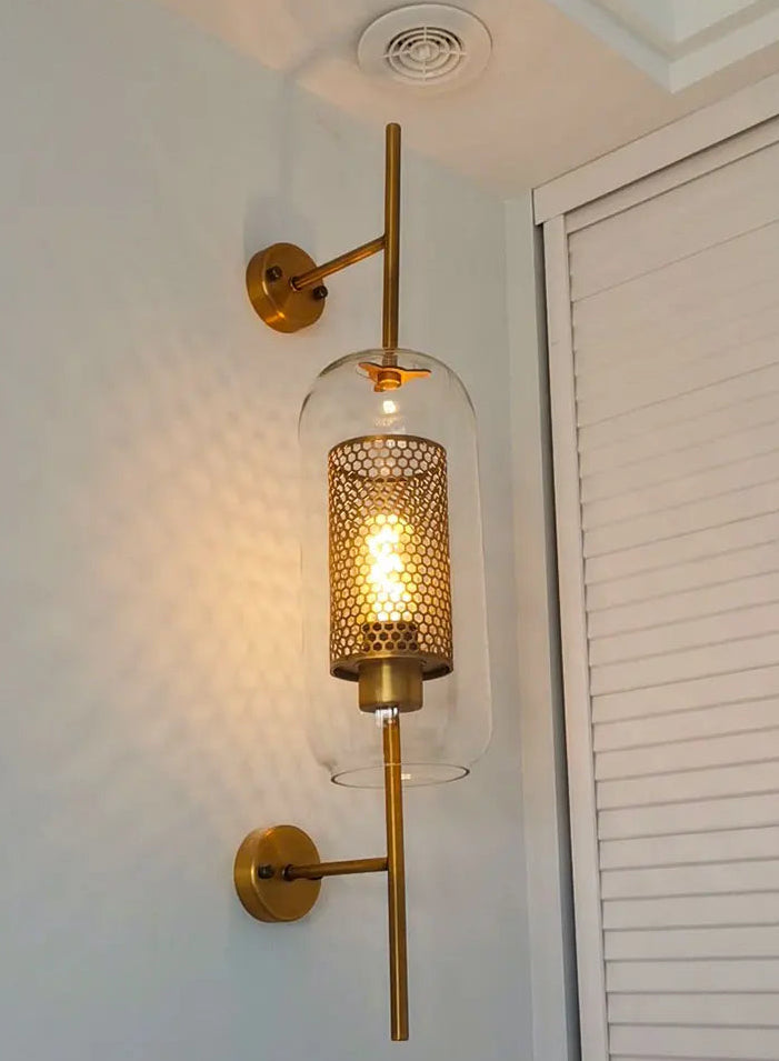Rayvia Adriel - Modern Honeycomb Brass & Glass Wall Sconce