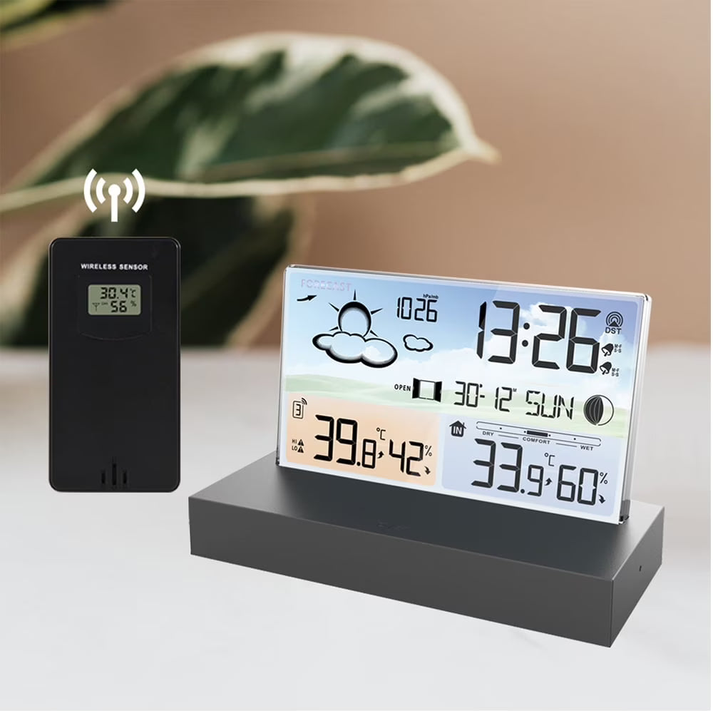 LuxRoyale Sleek Acrylic Digital Weather Station Clock with Wireless Indoor Outdoor Temperature.