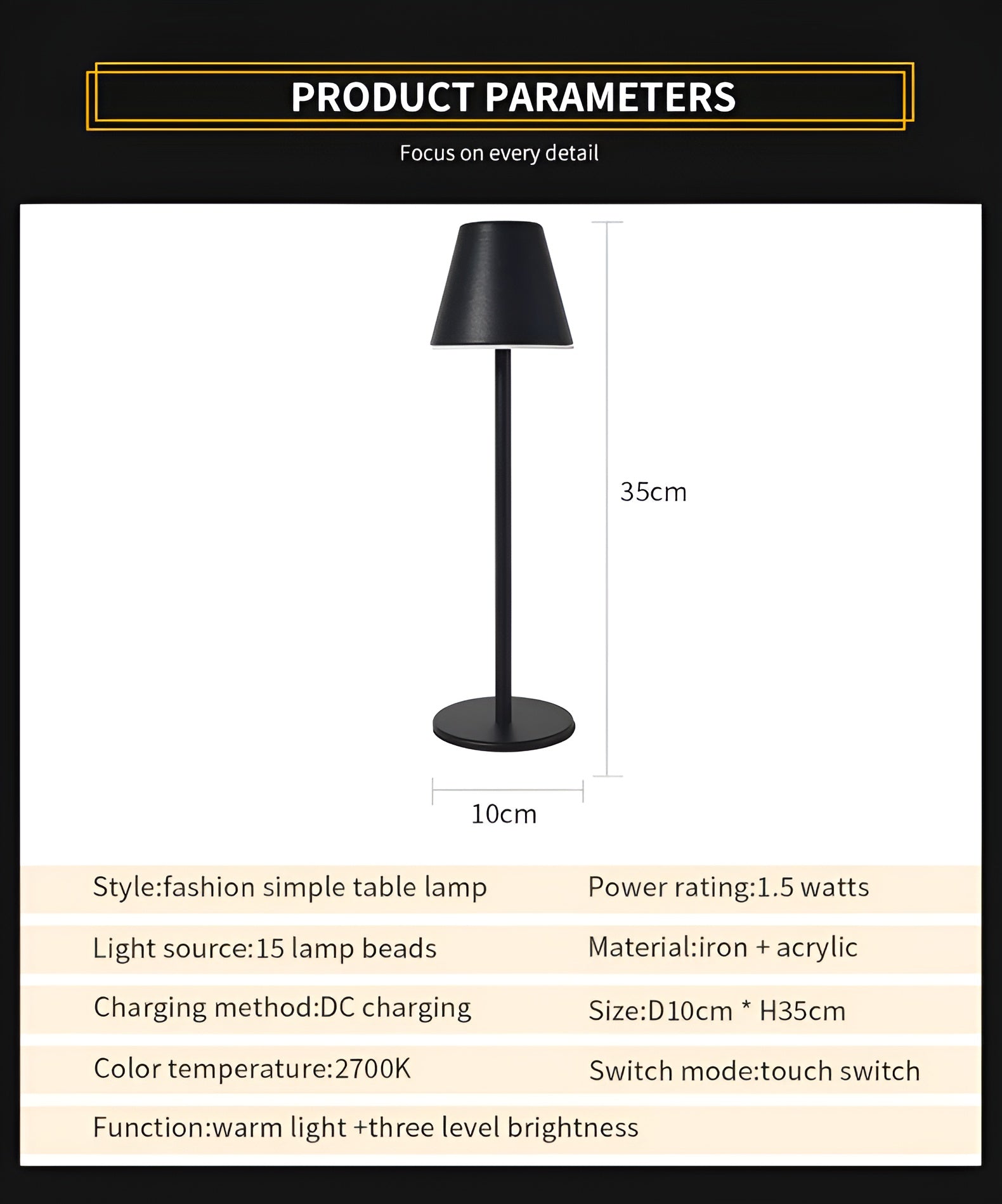 RoyaleGlow Modern LED Table Lamp with Touch Switch & USB Port for Ultimate Convenience - Black
