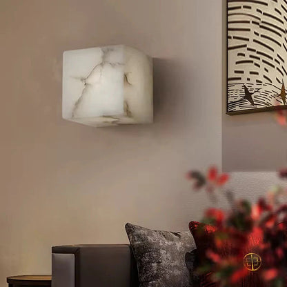 LuxRoyale Natural Marble Cube Wall Sconce Light-Modern Stone Accent Lamp