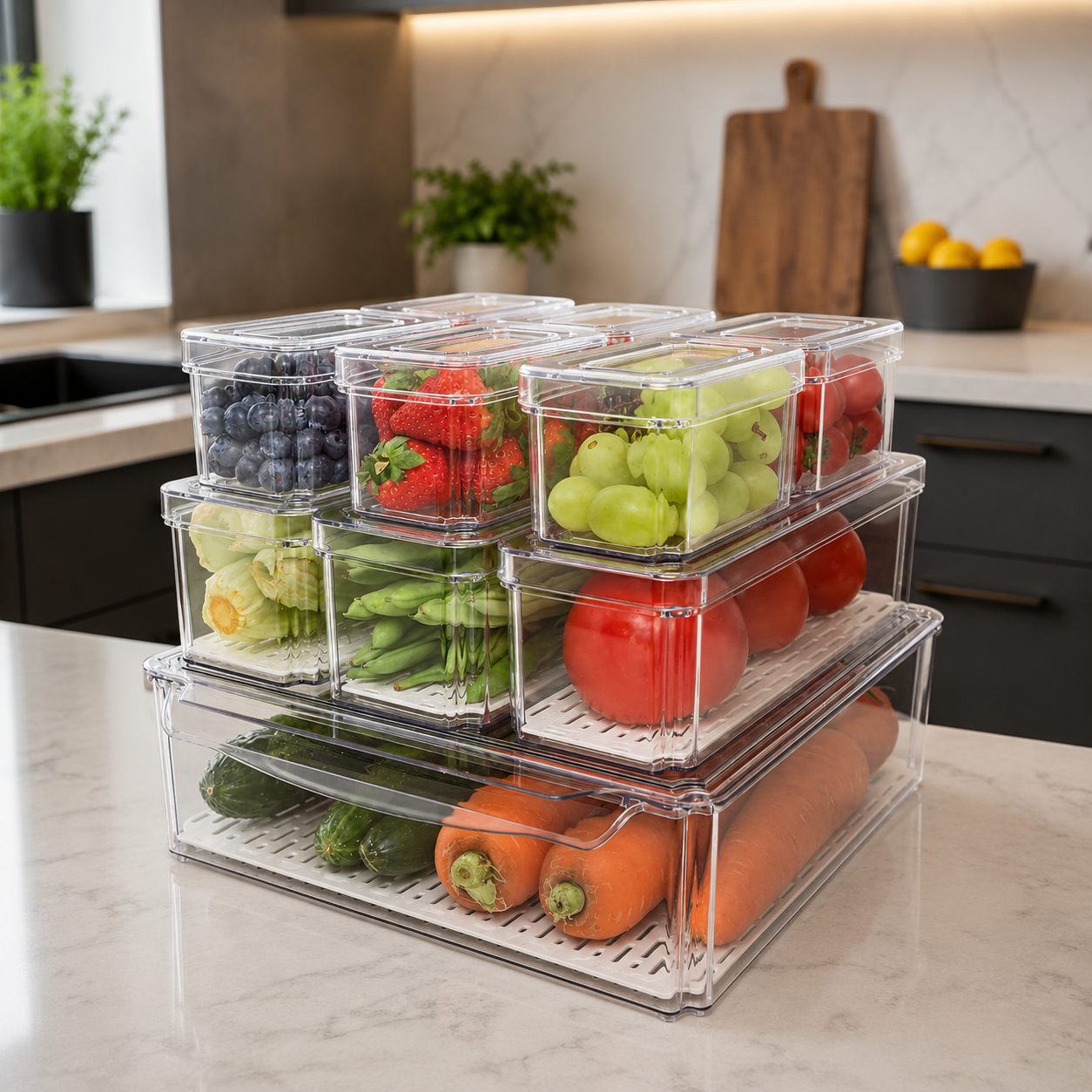 LuxRoyale Premium Clear Refrigerator Organizer Bins, Stackable Food Storage Set of 10