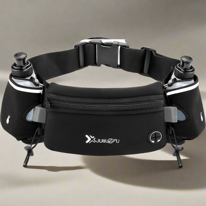 running hydration waist belt with 7-inch pocket no-bounce adjustable fit holds phone keys and cards includes 2 water bottles anti-slip design with reflective straps and headphone slot for runners