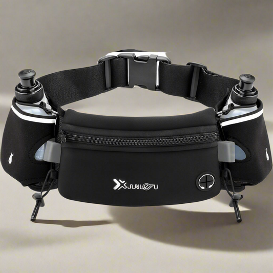 running hydration waist belt with 7-inch pocket no-bounce adjustable fit holds phone keys and cards includes 2 water bottles anti-slip design with reflective straps and headphone slot for runners