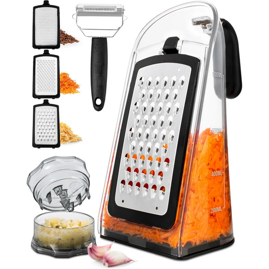 Cheese Grater with Garlic Crusher- Box Grater Vegetable Shredder with 3 Stainless Steel Blades - Graters for Kitchen- Cheese Graters with Handle - Garlic Mincer Tool and Vegetable Peeler 0