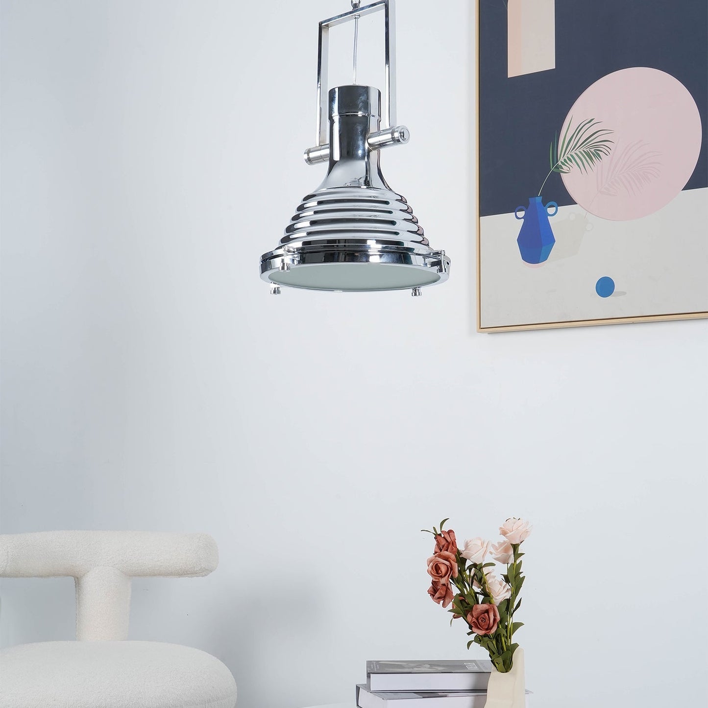 LuxRoyale Industrial Farmhouse Pendant Light - Polished Chrome Metal Dome Shade
