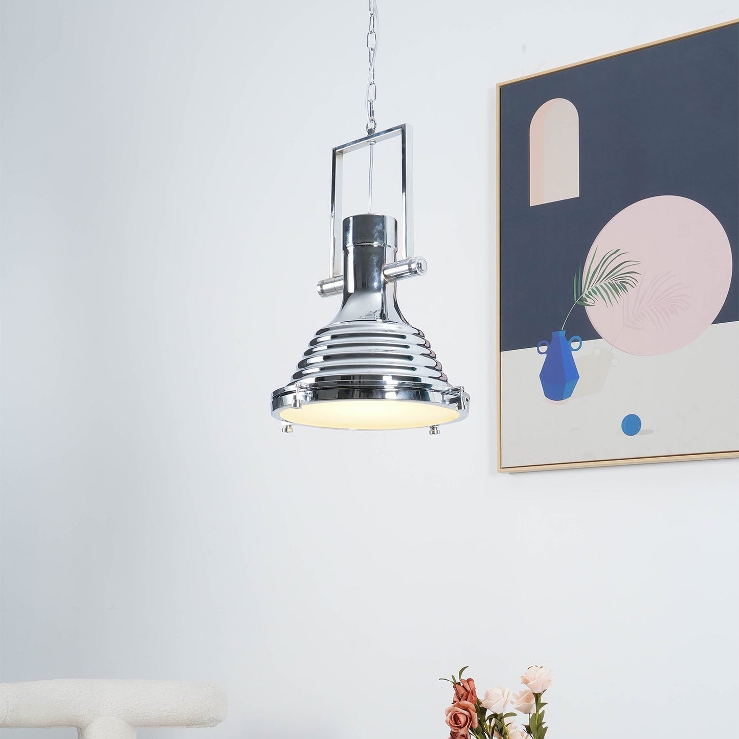 LuxRoyale Industrial Farmhouse Pendant Light - Polished Chrome Metal Dome Shade