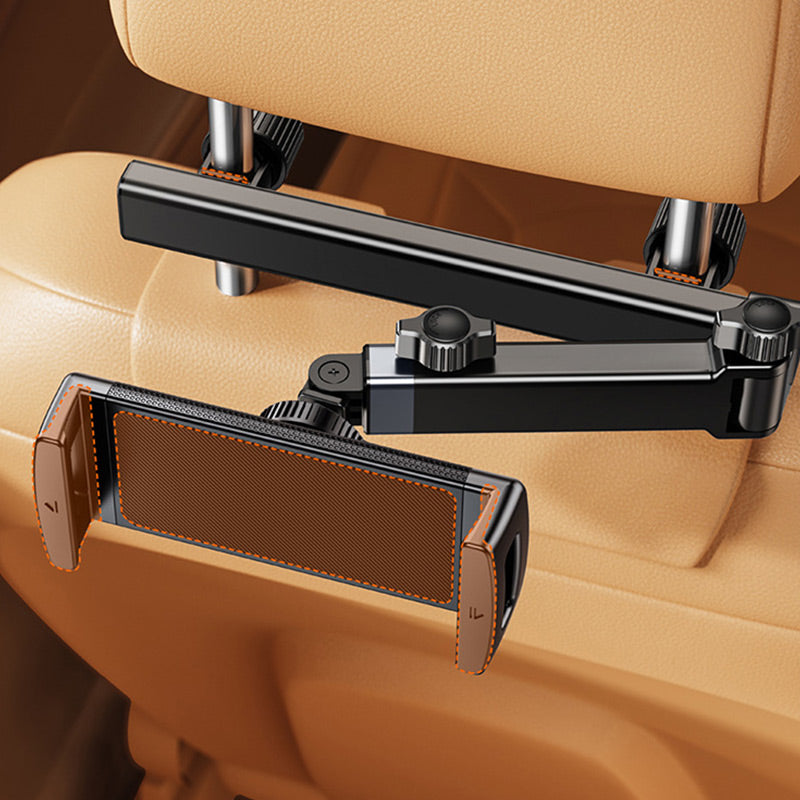 Tri-axis car headrest tablet holder with adjustable extension arm, 360° rotation, and universal fit for 4.7–12.9 inch tablets – secure, kid-friendly mount for road trips and rear-seat entertainment.