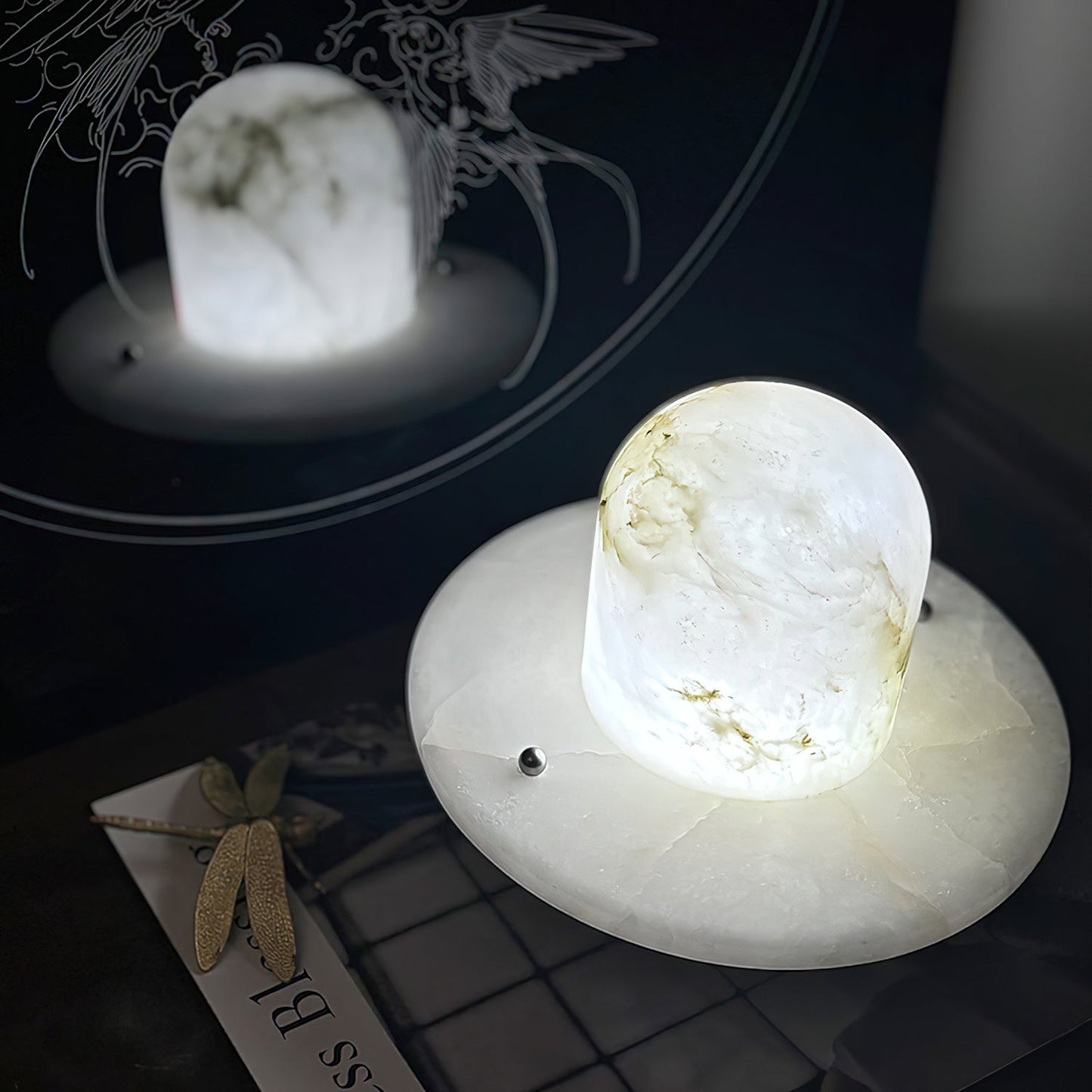LuxRoyale Alabaster Dome Rechargeable LED Table Lamp with Stainless Steel Base