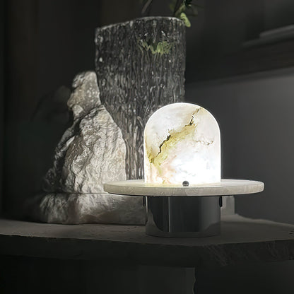 LuxRoyale Alabaster Dome Rechargeable LED Table Lamp with Stainless Steel Base