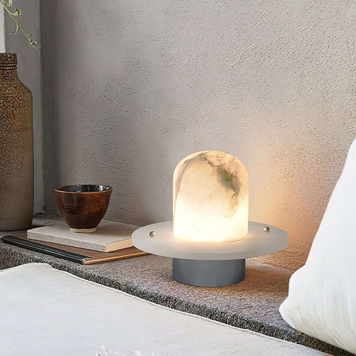 LuxRoyale Alabaster Dome Rechargeable LED Table Lamp with Stainless Steel Base