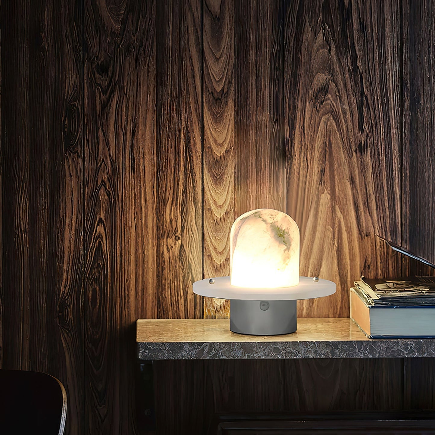 LuxRoyale Alabaster Dome Rechargeable LED Table Lamp with Stainless Steel Base