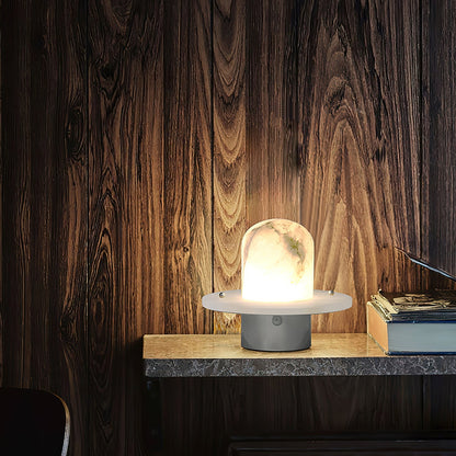 LuxRoyale Alabaster Dome Rechargeable LED Table Lamp with Stainless Steel Base
