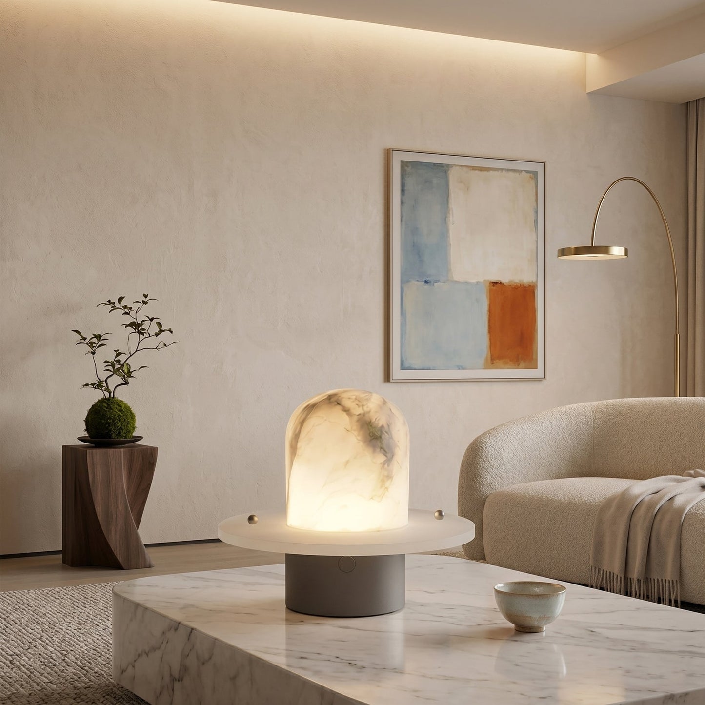 LuxRoyale Alabaster Dome Rechargeable LED Table Lamp with Stainless Steel Base