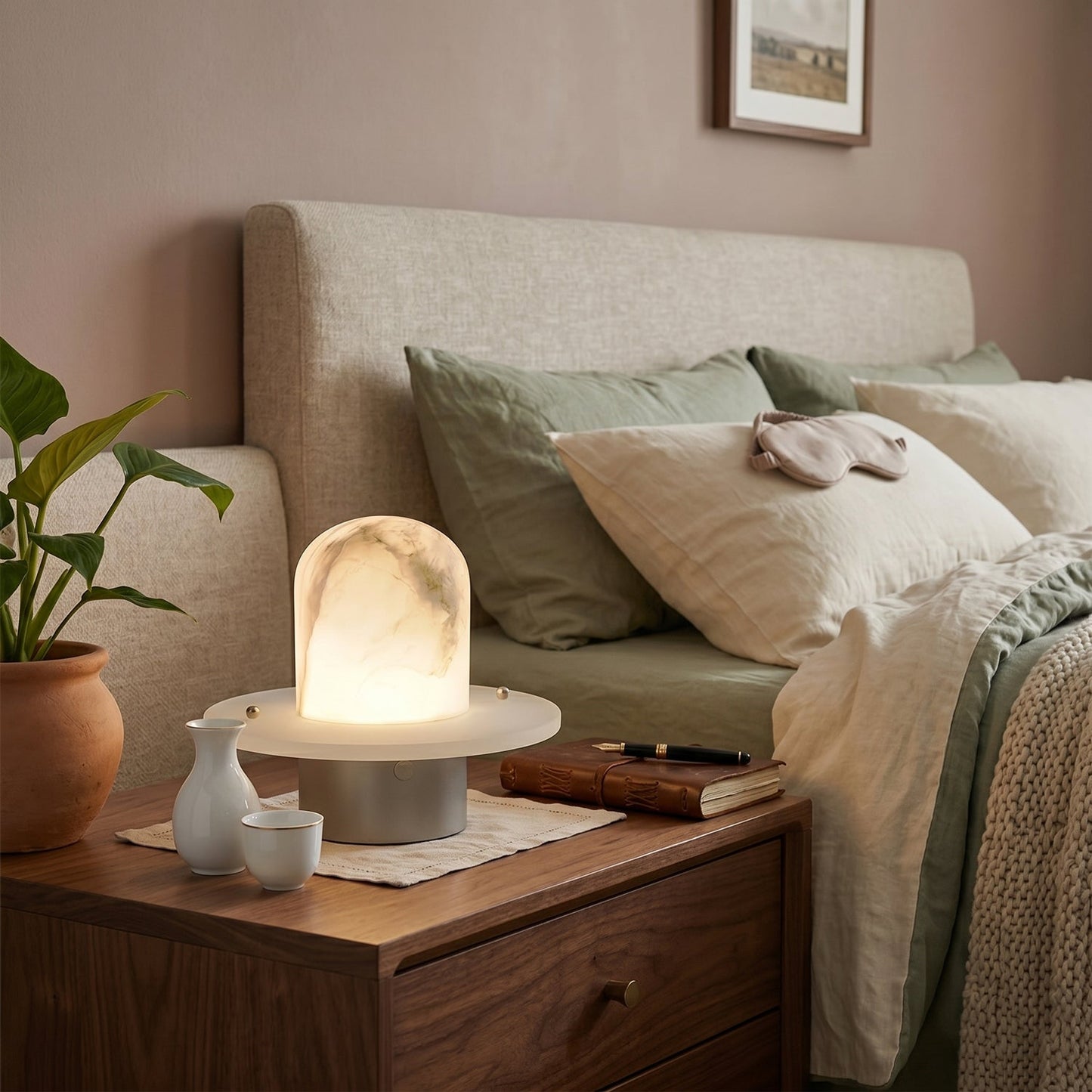 LuxRoyale Alabaster Dome Rechargeable LED Table Lamp with Stainless Steel Base