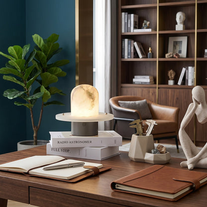 LuxRoyale Alabaster Dome Rechargeable LED Table Lamp with Stainless Steel Base