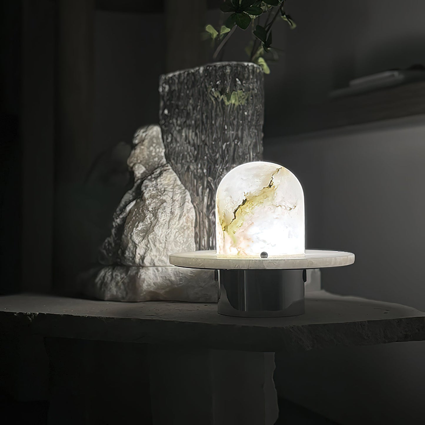 LuxRoyale Alabaster Dome Rechargeable LED Table Lamp with Stainless Steel Base