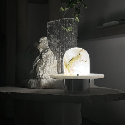 LuxRoyale Alabaster Dome Rechargeable LED Table Lamp with Stainless Steel Base