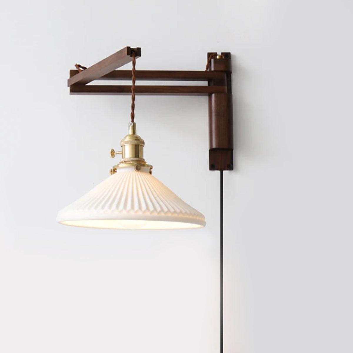 LuxRoyale Japanese-Style Walnut Folding Wall Sconce with Pleated Shade-Royale Basic