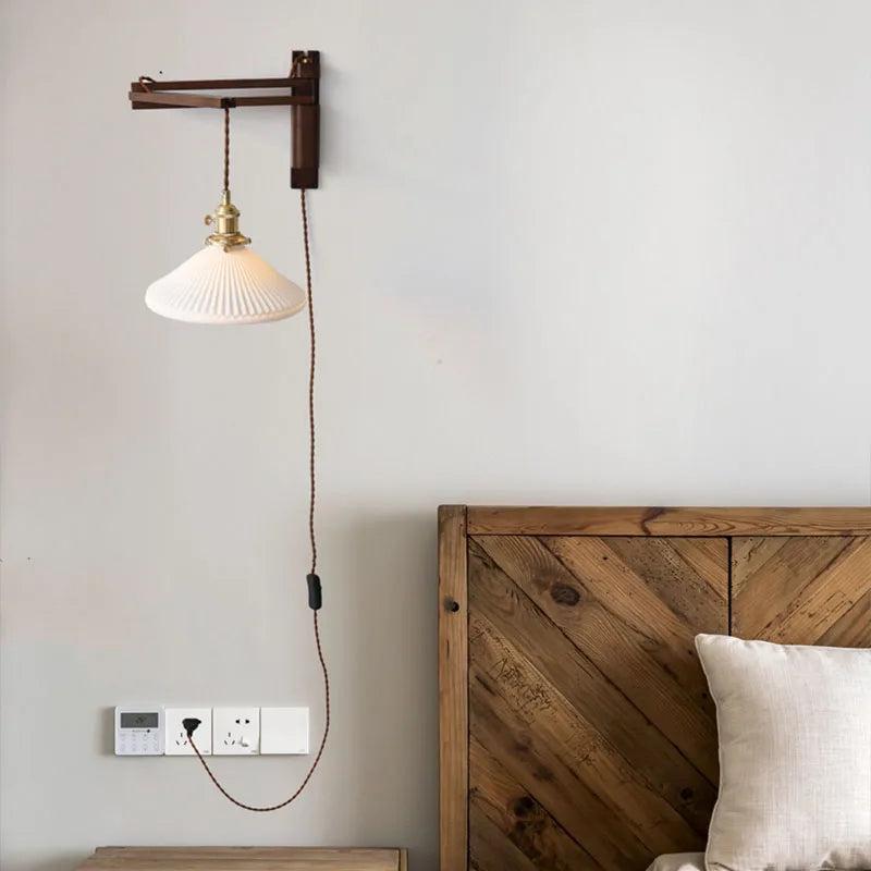 LuxRoyale Japanese-Style Walnut Folding Wall Sconce with Pleated Shade-Royale Basic
