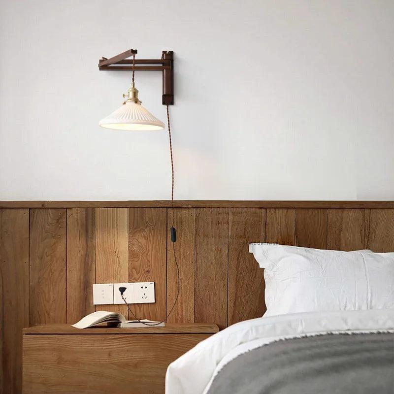 LuxRoyale Japanese-Style Walnut Folding Wall Sconce with Pleated Shade-Royale Basic