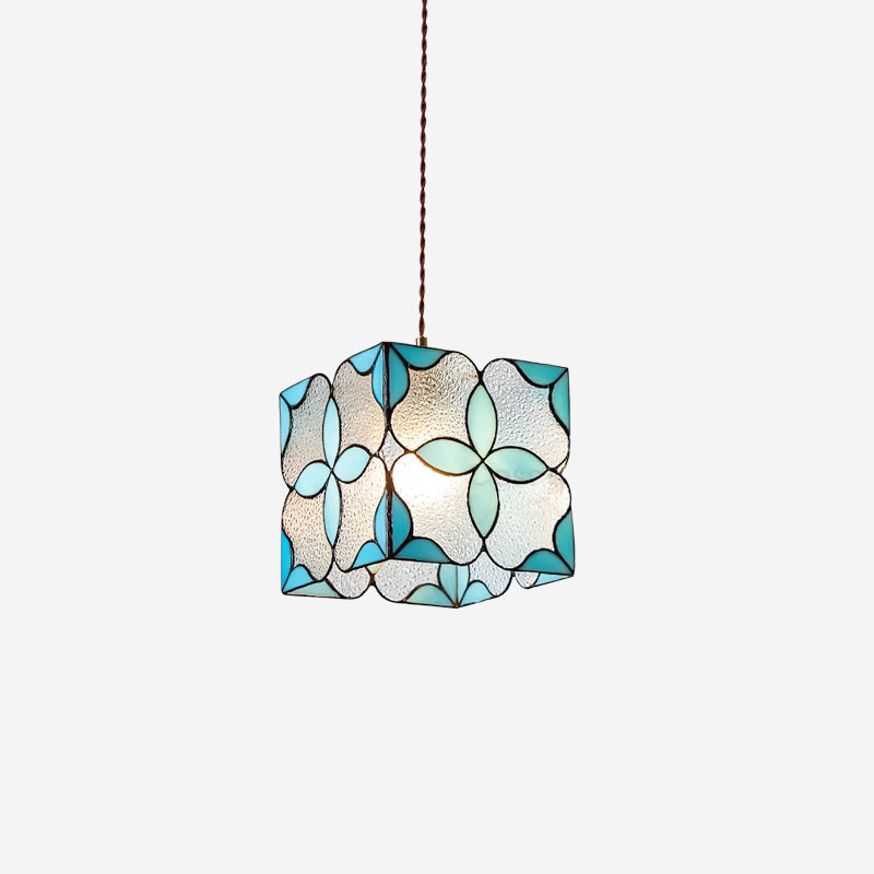 Jewel Pendant Lamp with intricate stained-glass floral patterns in blue and geometric design, perfect for vibrant home decor.