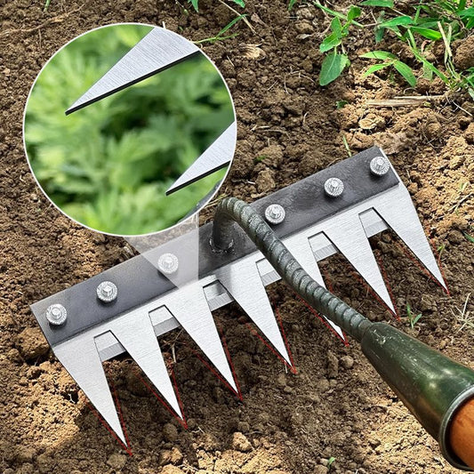 "Versatile carbon steel rake head with interchangeable sizes (5-8 teeth) for precise lawn and garden maintenance. Rust-resistant, ergonomic design with secure mounting for seamless soil cultivation and debris removal.