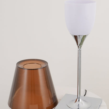 RoyaleGlow Modern Diffused Table Lamp - Polished Chrome & Brown Shade