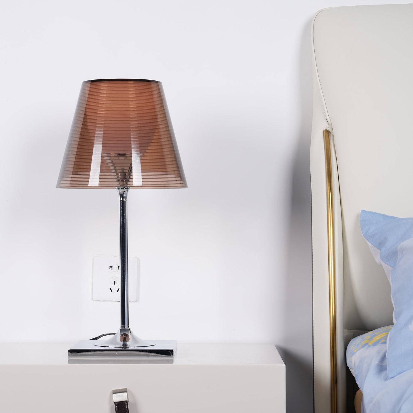 RoyaleGlow Modern Diffused Table Lamp - Polished Chrome & Brown Shade