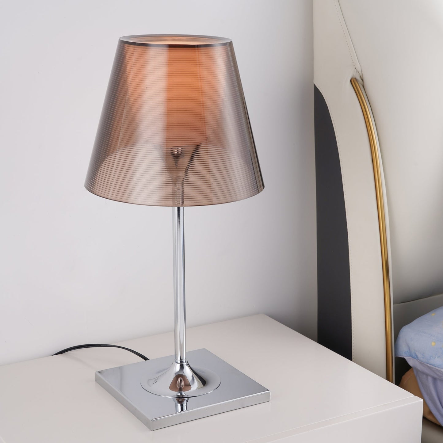 RoyaleGlow Modern Diffused Table Lamp - Polished Chrome & Brown Shade