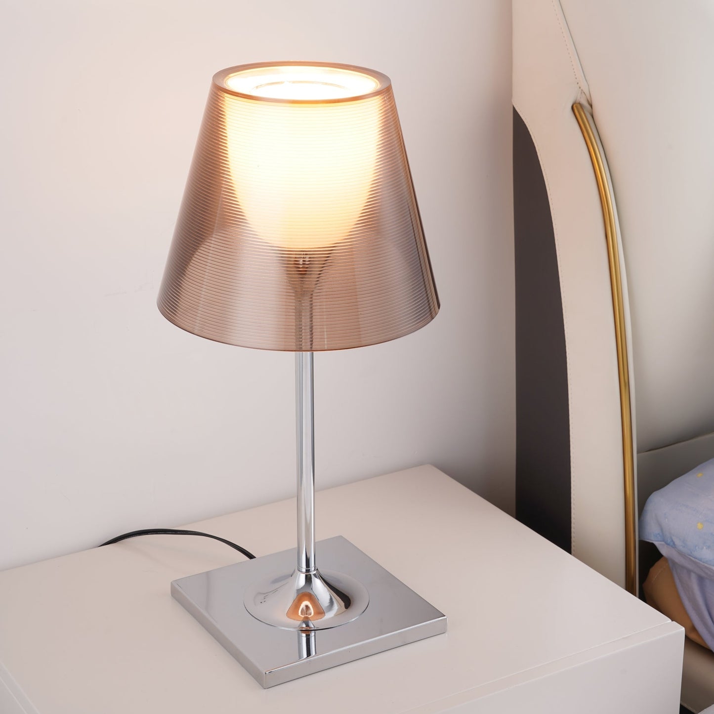 RoyaleGlow Modern Diffused Table Lamp - Polished Chrome & Brown Shade