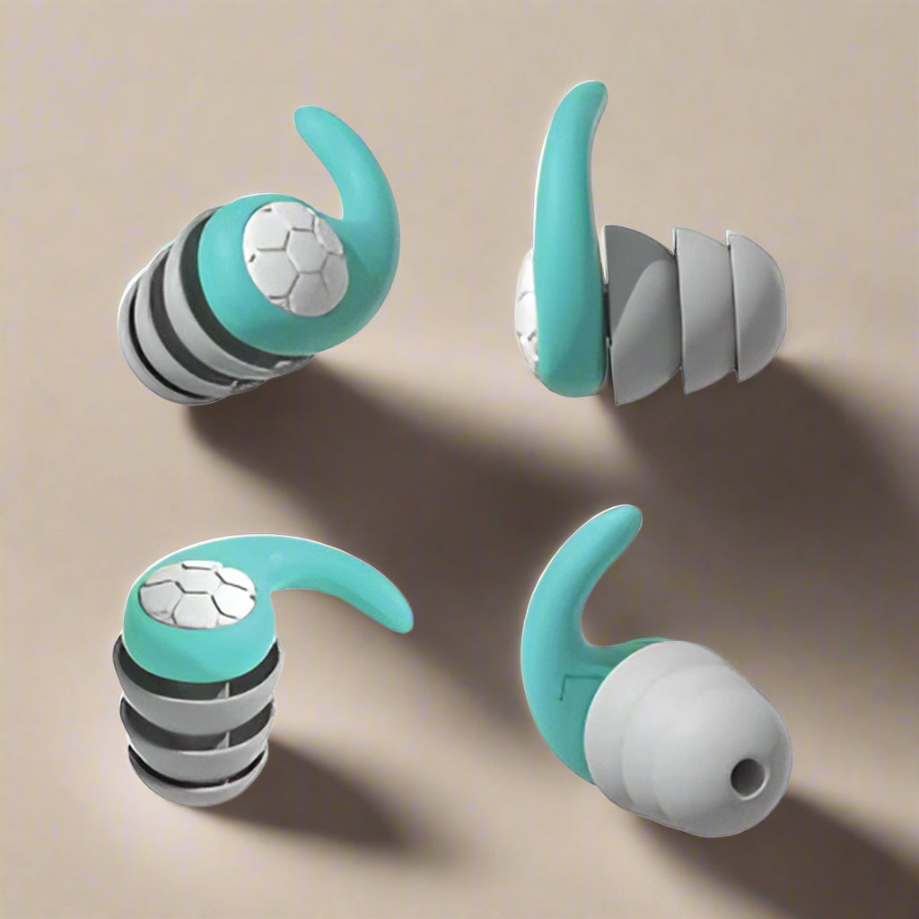 Reusable silicone noise-cancelling earplugs with ergonomic triple-layer design, soft and comfortable fit for sleeping, working, or studying, eco-friendly and washable.
