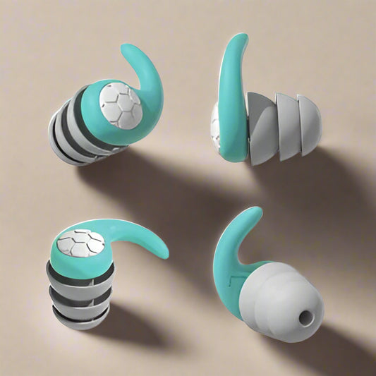 Reusable silicone noise-cancelling earplugs with ergonomic triple-layer design, soft and comfortable fit for sleeping, working, or studying, eco-friendly and washable.