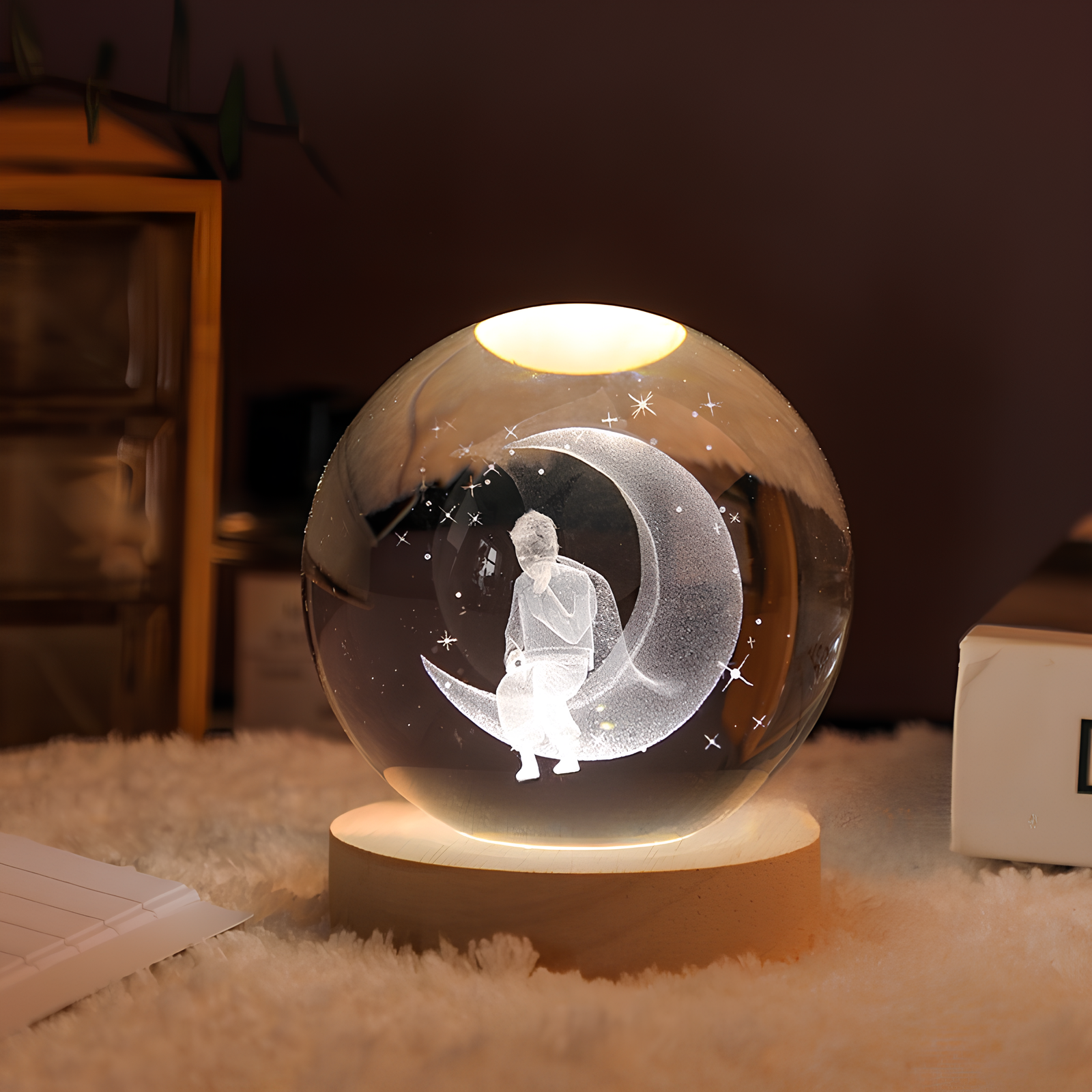 RoyaleGlow™ Celestial 3D Engraved LED Crystal Ball Night Light - Man in the Moon