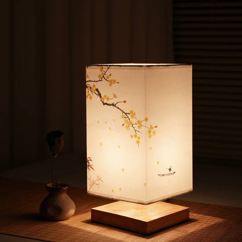 LED Square Decoration Table Lamps Simple Chinese Style Dimmable EU Plug Night Light Fabric Lampshade Bedroom Bedside Lights 2