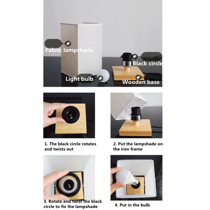 LED Square Decoration Table Lamps Simple Chinese Style Dimmable EU Plug Night Light Fabric Lampshade Bedroom Bedside Lights 4
