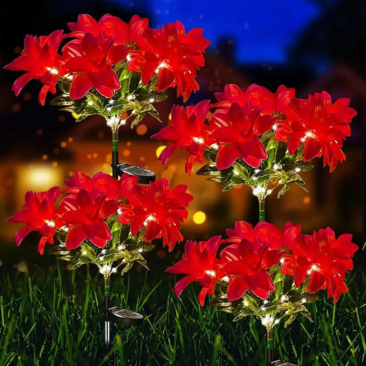 LED solar Christmas flower poinsettia artificial flower light, suitable for decorating Christmas gardens, lawns, and courtyards 0