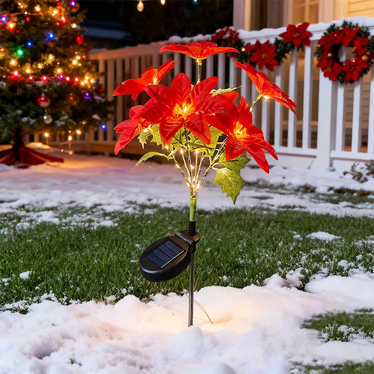 LED solar Christmas flower poinsettia artificial flower light, suitable for decorating Christmas gardens, lawns, and courtyards 1