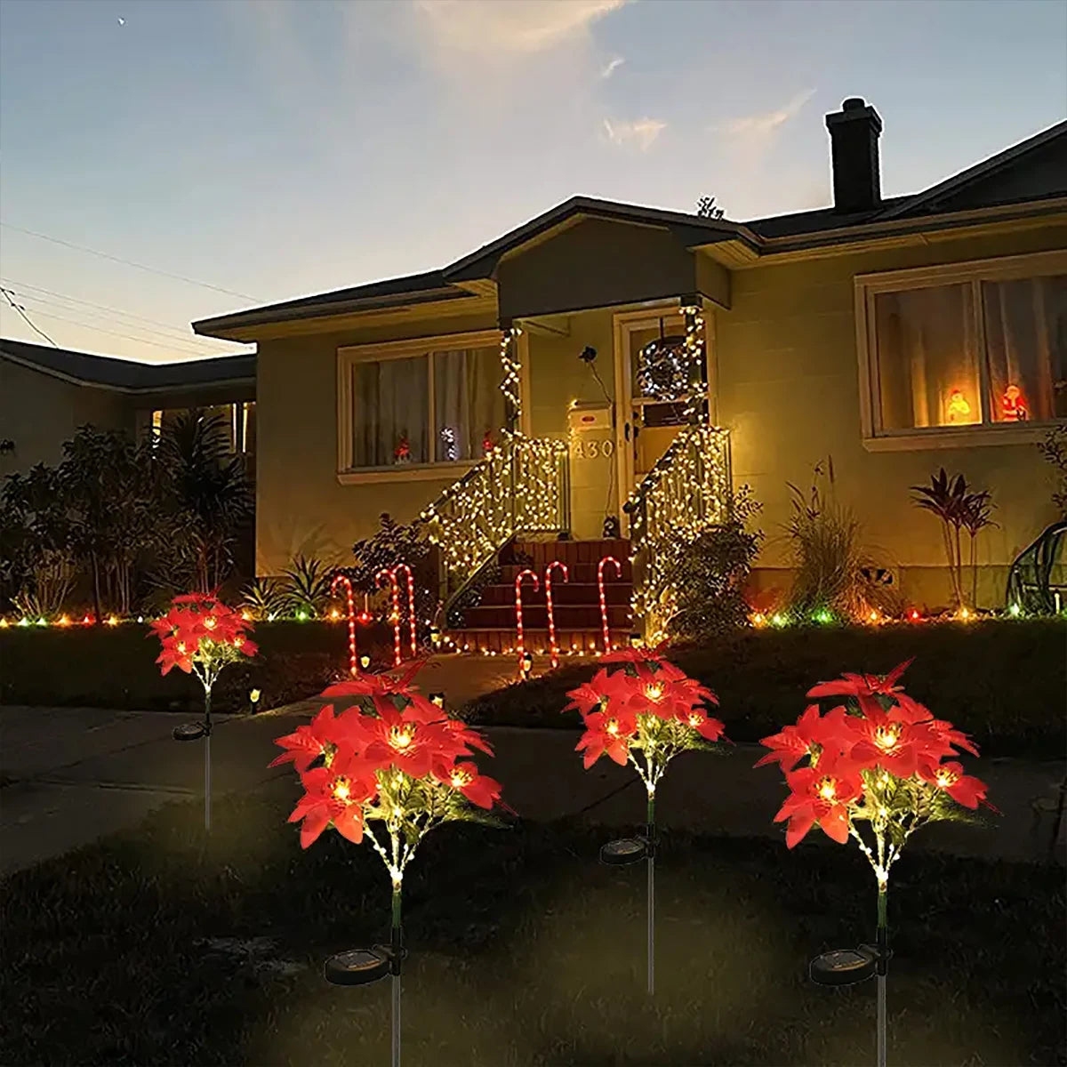 LED solar Christmas flower poinsettia artificial flower light, suitable for decorating Christmas gardens, lawns, and courtyards 2
