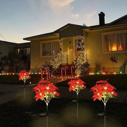 LED solar Christmas flower poinsettia artificial flower light, suitable for decorating Christmas gardens, lawns, and courtyards 2