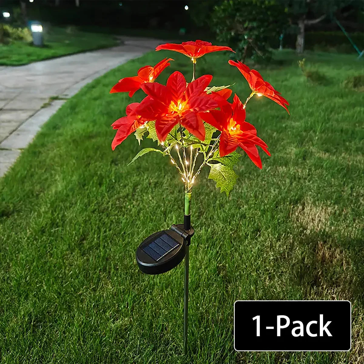 LED solar Christmas flower poinsettia artificial flower light, suitable for decorating Christmas gardens, lawns, and courtyards 6
